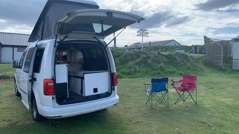 Customers hiring a mini camper from Trax in Scotland