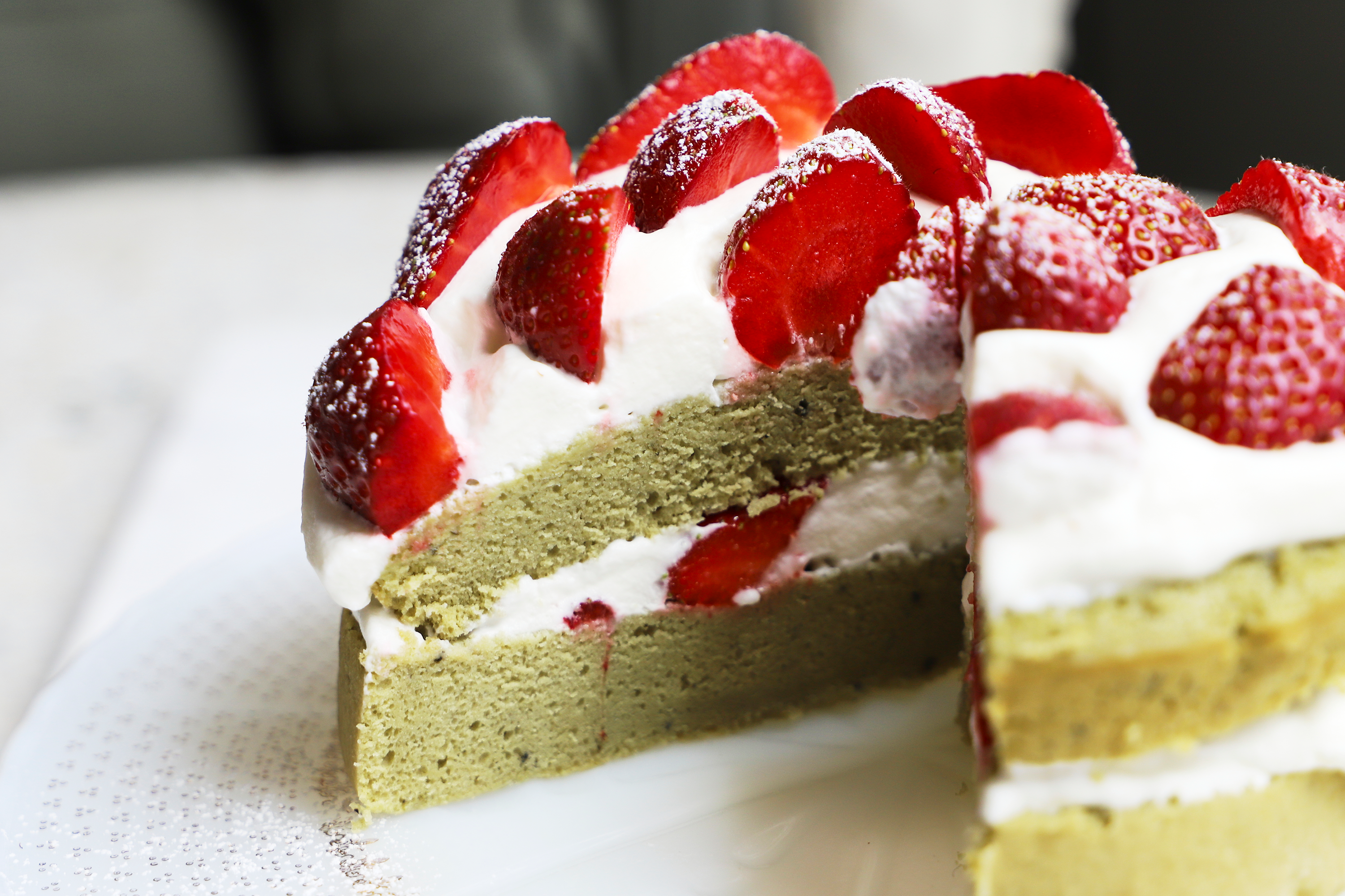 Strawberry studded matcha angel food cake