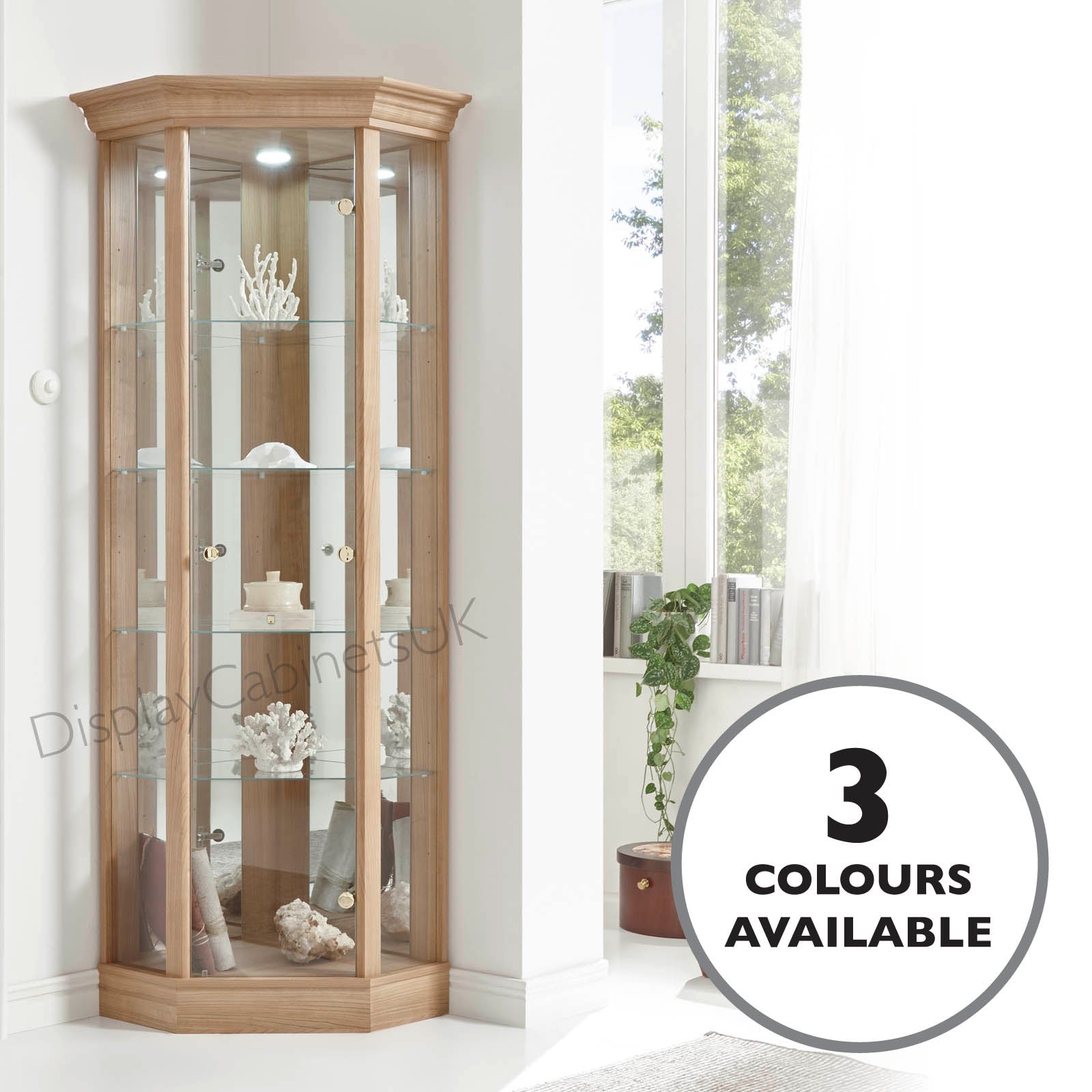 Home Corner Glass Display Cabinets With Pelmet Light Oak Dark