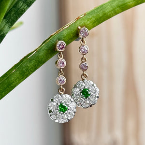 18K Rose Gold and Platinum GIA Pink Diamond and Tsavorite Floral Dangle Earrings - The Diamond Bar STL