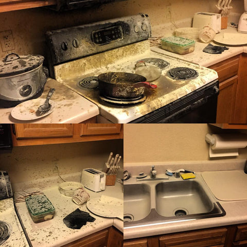 Aftermath of a kitchen after extinguishing fire with a traditional extinguisher
