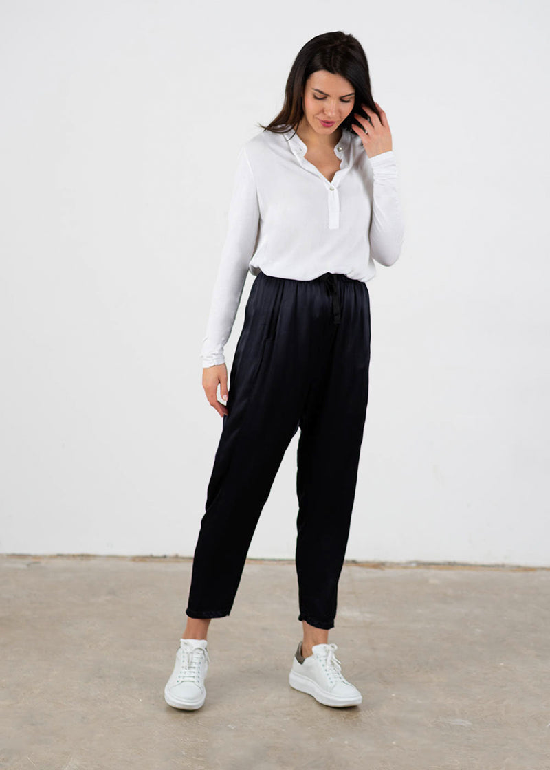 Renée Satin Trousers - Blue Black | Trousers | BUSBY & FOX