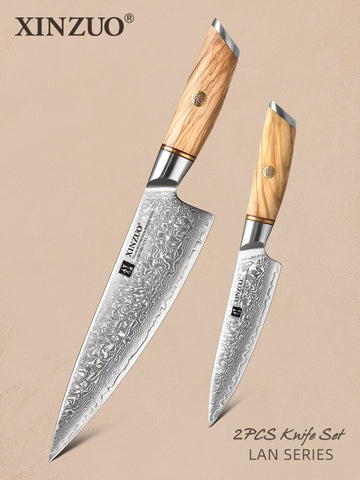 XINZUO B37 3pcs Knife Set with Olive Wood + Copper Flower Nails