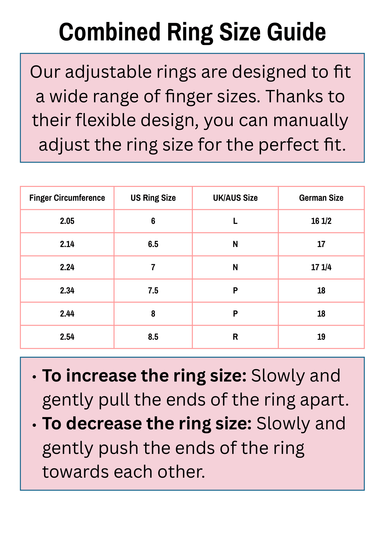 Ring size chart at khanie for adjustable rings