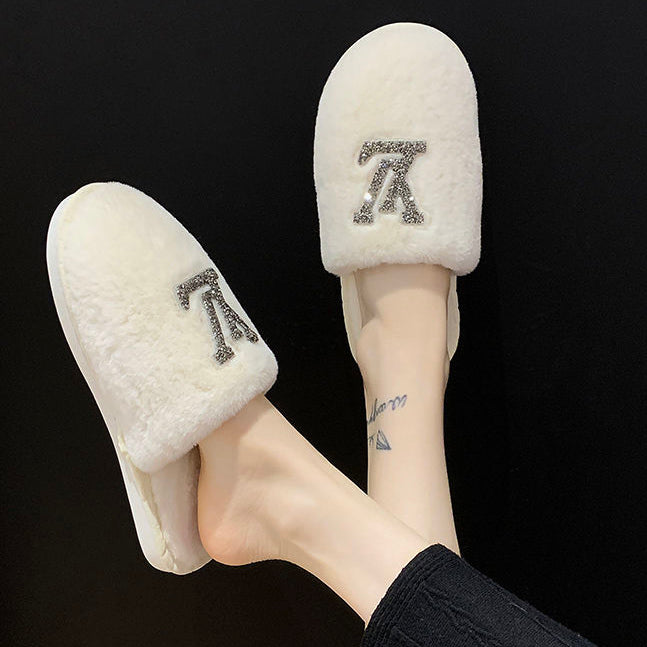 LV Louis Vuitton classic hot sale diamond letter plush slippers sandals Shoes White