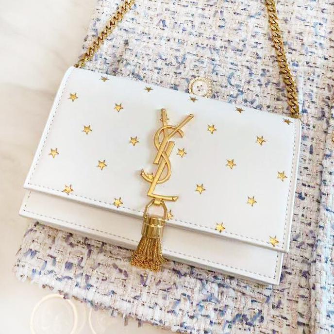 YSL Fashion New Embroidery Star Leather Shopping Leisure Shoulder Bag Women White