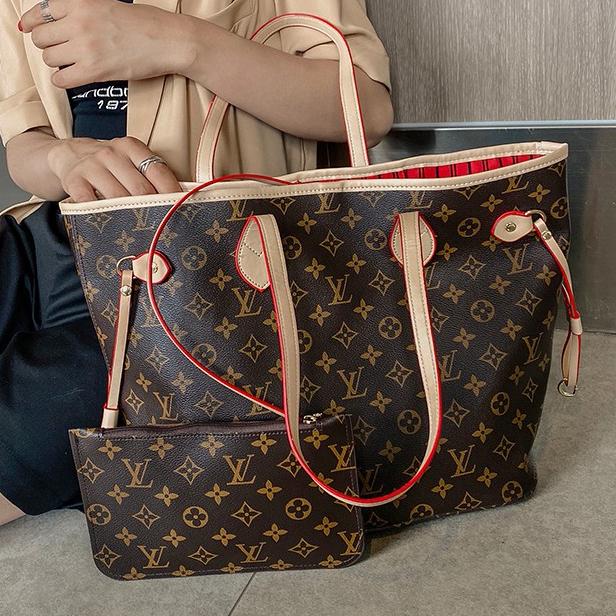 LV Louis Vuitton Women Shopping Leather Tote Handbag Shoulder Bag Purse Wallet Set Two-Piece