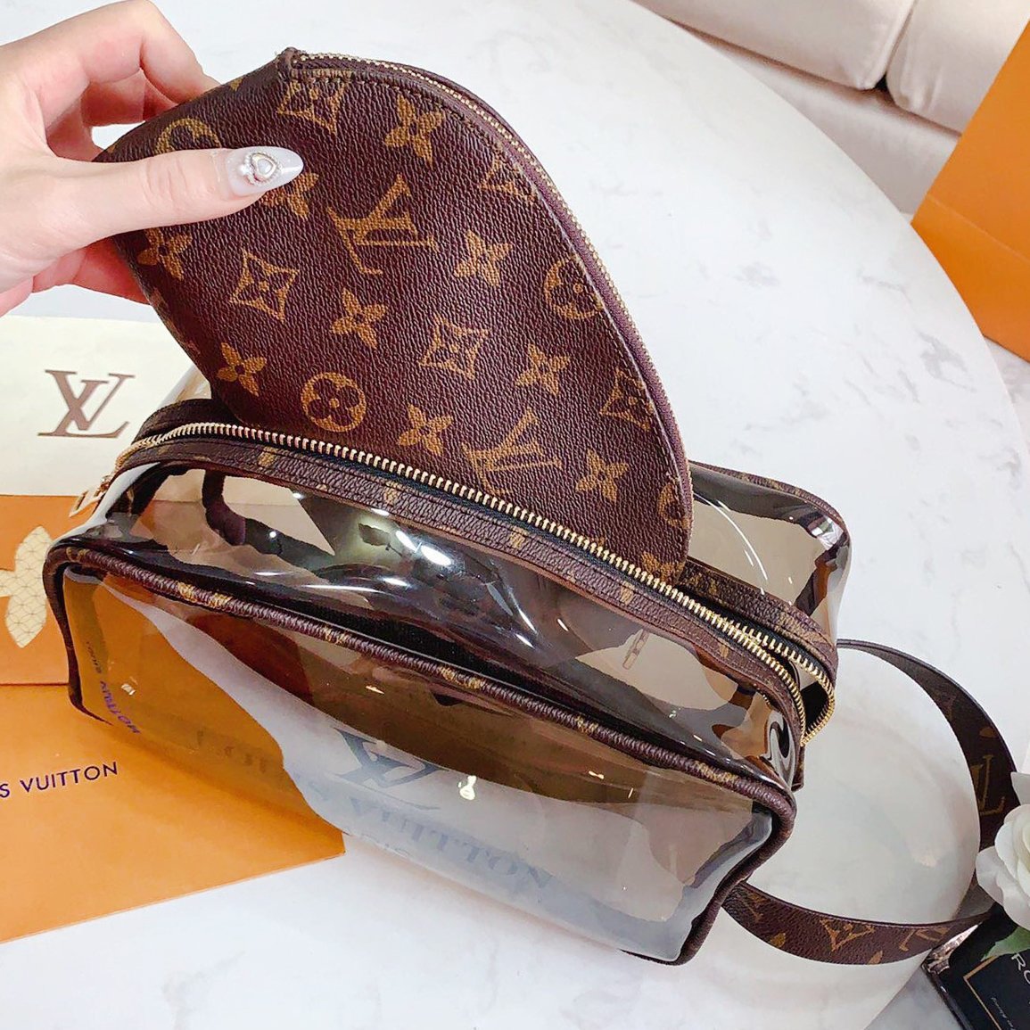 LV Louis Vuitton Fashion Women Shopping Bag Transparent Leather 
