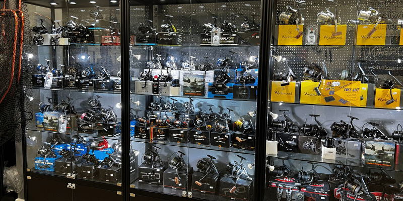 Fishing reel display at Totally Hooked