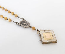 Load image into Gallery viewer, Antique Victorian locket necklace, gold and silver watch fob locket on mother of pearl rosary beads, MOP handmade religious necklace, gifts for her
