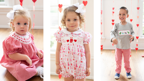 Red gingham, puppy print and dinosaur love smocked outfits 