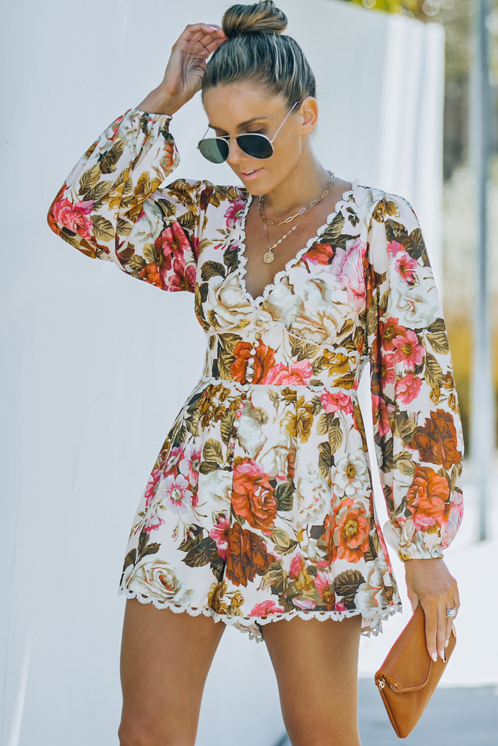 Floral  Lace Trim V-Neck Balloon Sleeve Romper