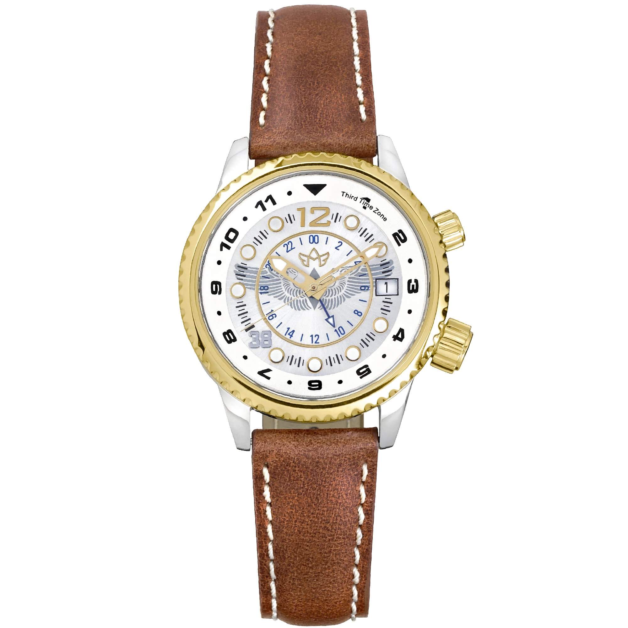 Abingdon Co. image displaying limited edition WASP analog watch with 24k gold and steel case and genuine leather strap. Three time zone watch with a sunray dial - front image