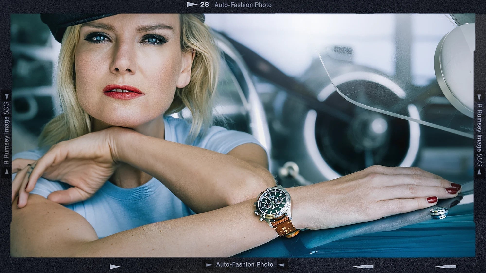 Eugenia Kuzmina posing with her head resting on her left wrist and right arm resting on the 427 SC sporting a Jordan timepiece