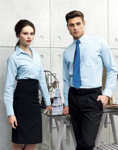 man and woman in corporate wear, shirts and trousers