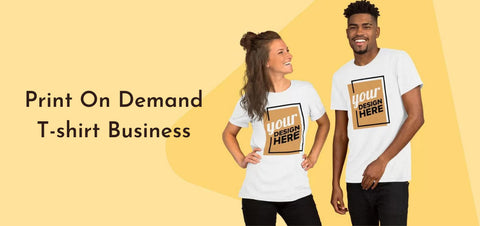 Print on Demand poste with a couple wearing print on demand t-shirts