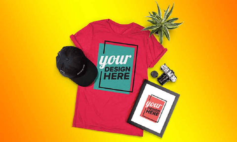 colourful picture of a red t-shirt, photo framed and cap showing off your design here for brand merch