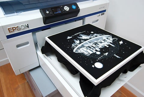 DTG printer showing white ink layer