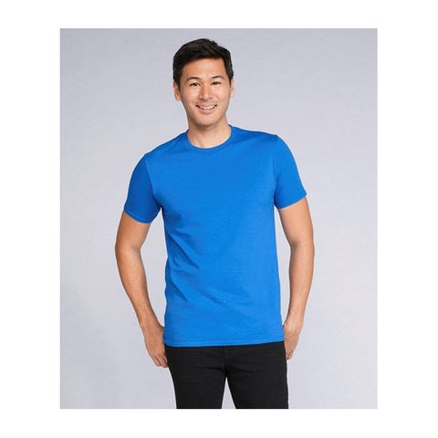 Man wearing a blank Gildan Soft Style T-shirt in Sapphire blue