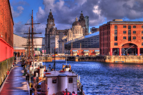 The Liverpool water front painted in bright bold colours.