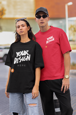 man and woman wearing T-shirts in a street setting