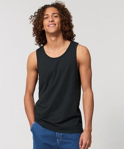 male model wearing a black stanley stella vest