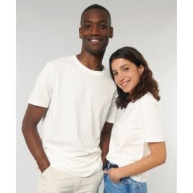 a mixed race couple wearing Stanley Stella creator T-shirts