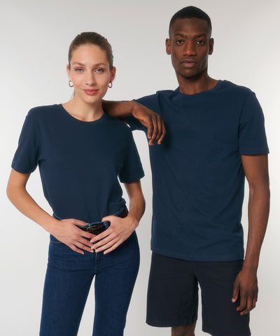a male and female model wearing classic black t-shirts