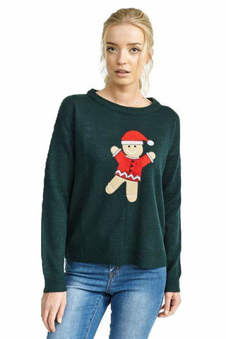 woman wearing a festive Christmas jumper with Santa on the front