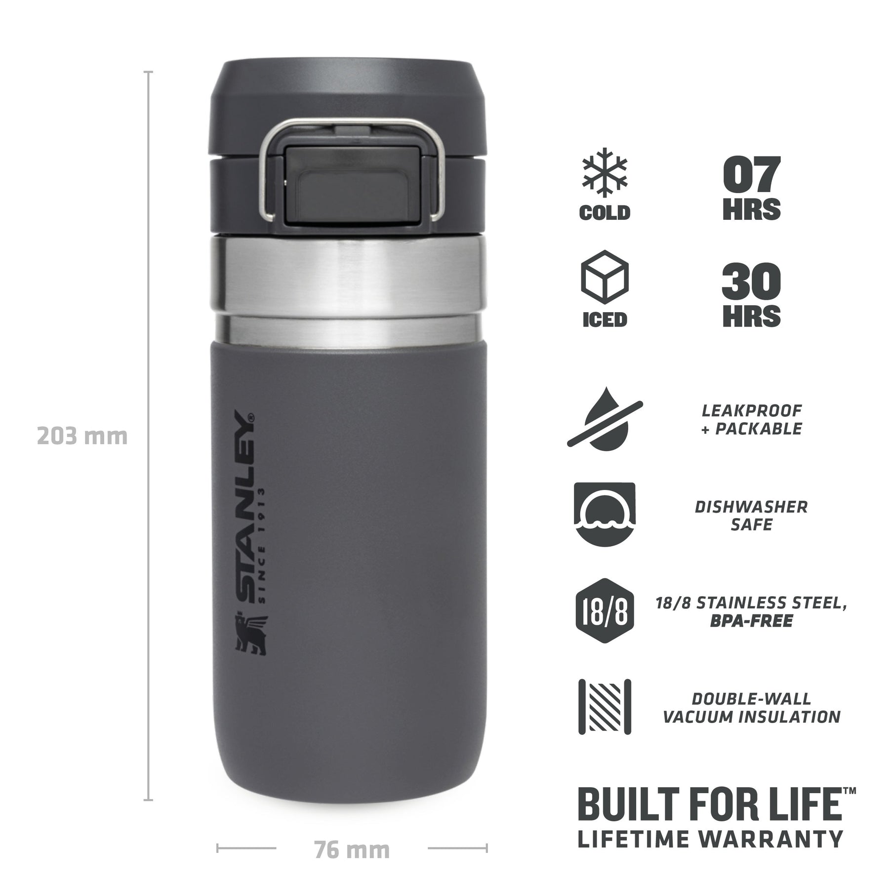  STANLEY Quick Flip Stainless Steel Water Bottle .71L / 24OZ  Charcoal – Leakproof Insulated Water Bottle - Push Button Locking Lid -  BPA-Free Thermos Flask - Cup Holder Compatible - Dishwasher