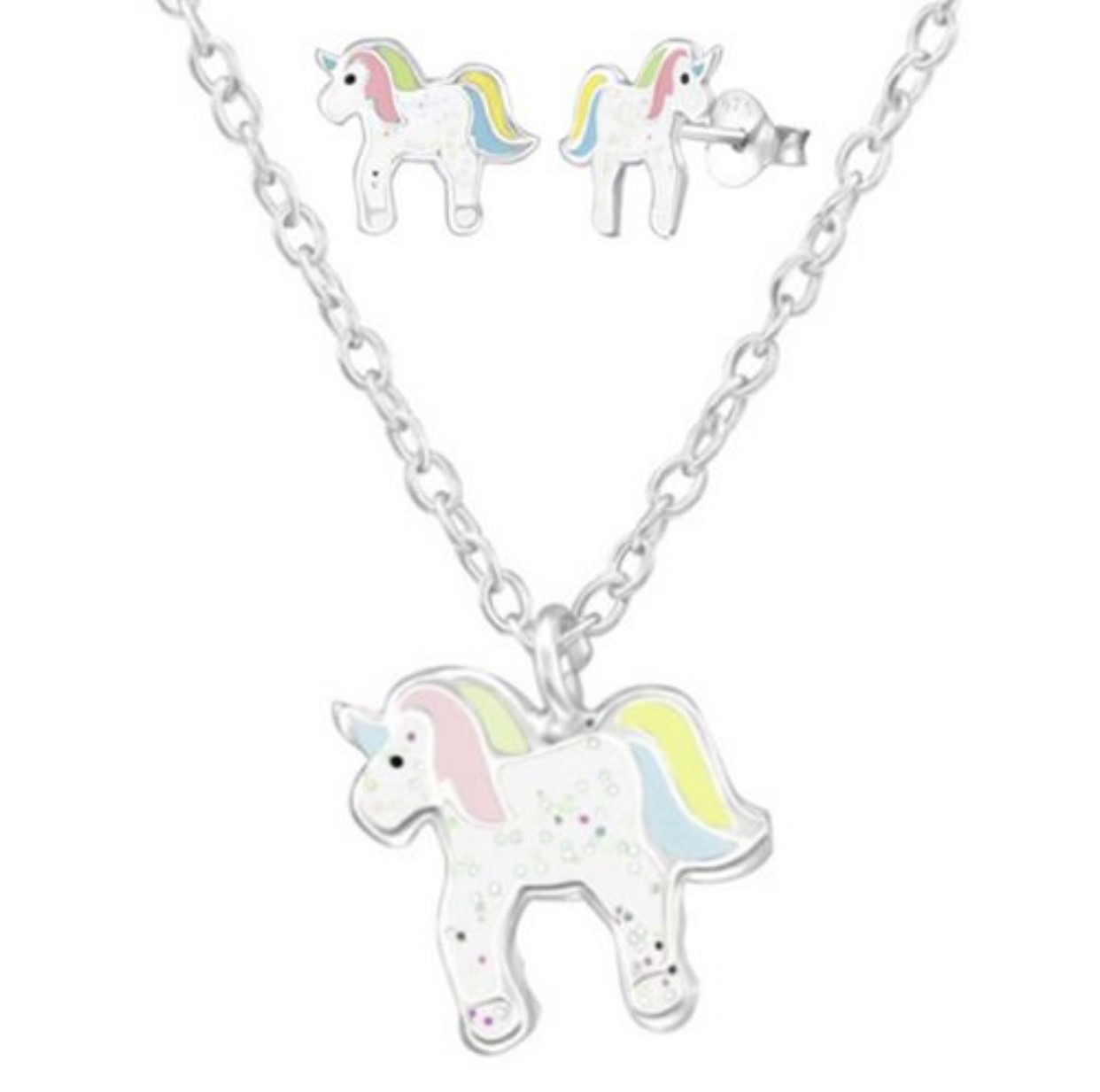925 Sterling Silver Pastel Glitter Unicorn Push Back Earrings and Necklace Set For Toddlers and Kids - Forever Kids Jewelry
