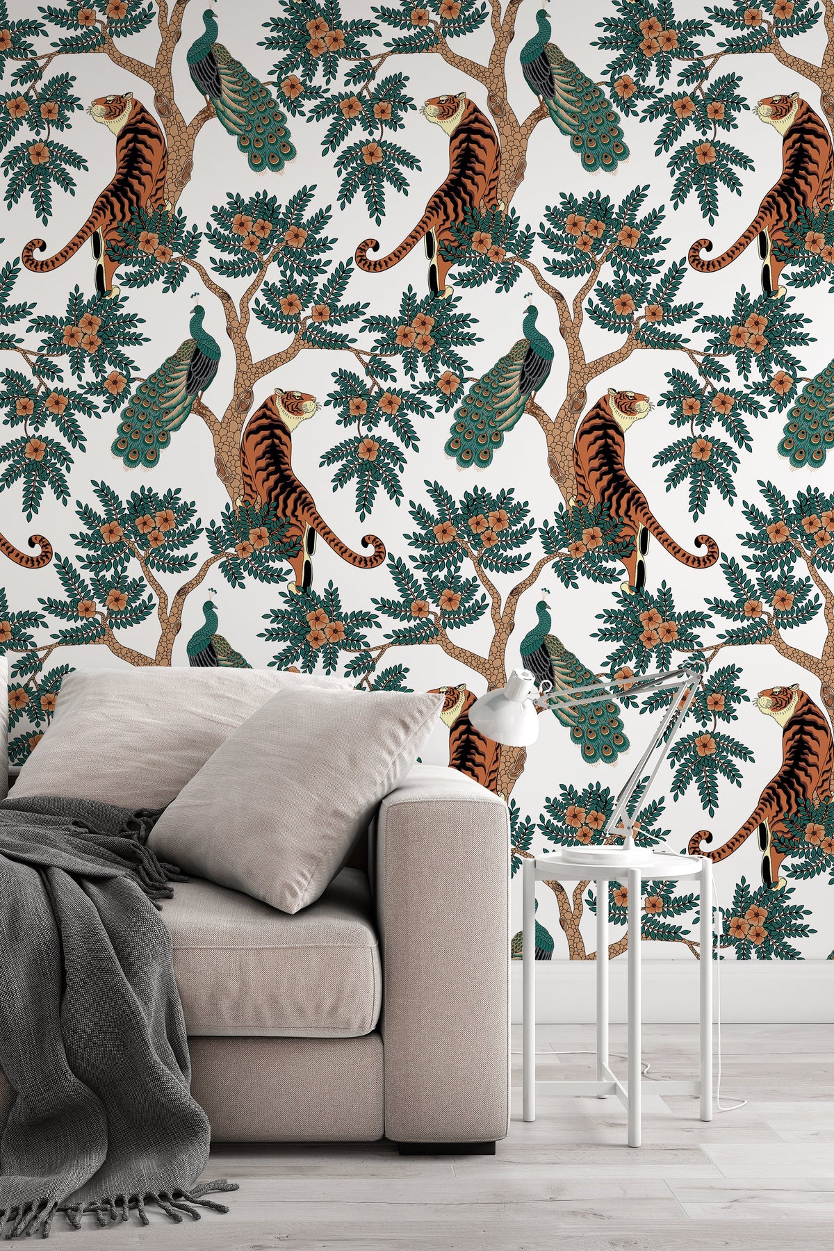Tiger and Peacock in woods Wallcovering  Peel  Stick Wallpaper  Removable  Self Adhesive Wallpaper Roll pattern wallpaper design3145  California  wallpaper