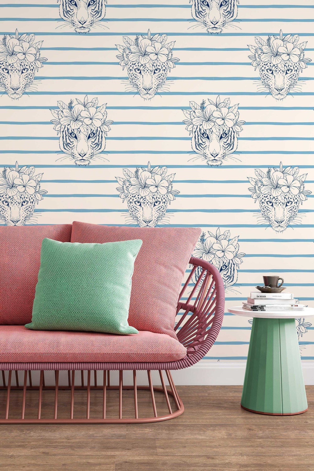 Tigers and cheetahs print with flowers and stripes wallpaper  blue on beige  design 3136  California wallpaper