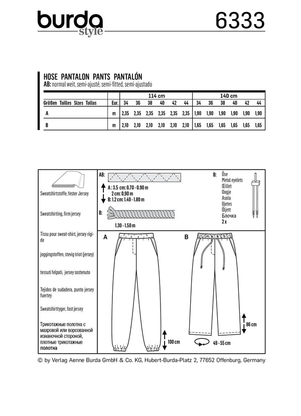 Patron Burda 9300 Pantalon de jogging enfant à coulisse élastique