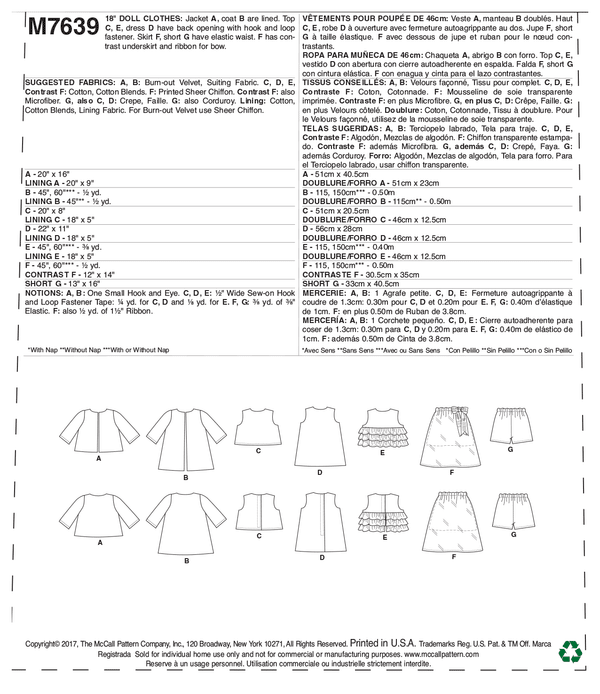 MCCALLS - M7006 VÊTEMENTS ET ACCESSOIRES - POUPÉE