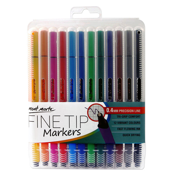 Mont Marte Fine Tip Marker Tri Grip in Case, 12 Pieces