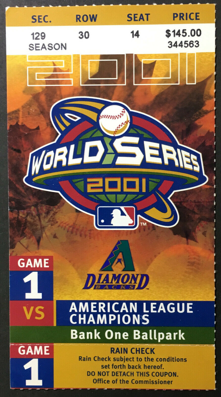 2001 World Series Ticket Game 1 MLB Baseball Arizona Diamond Backs NY Yankees