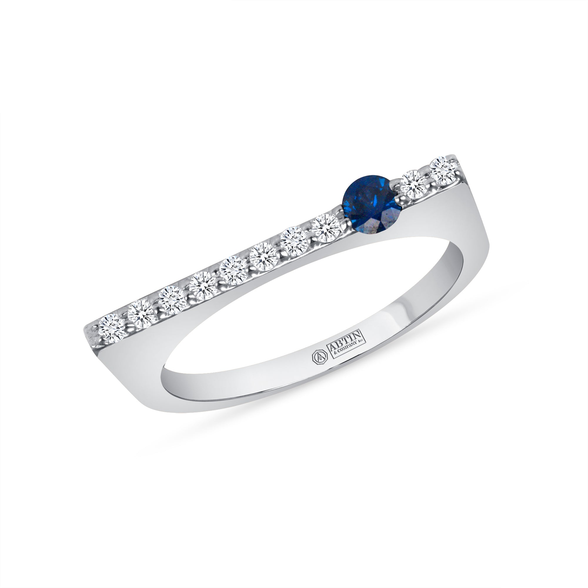 14K White Gold Blue Sapphire And Diamond Stacking Bar Ring