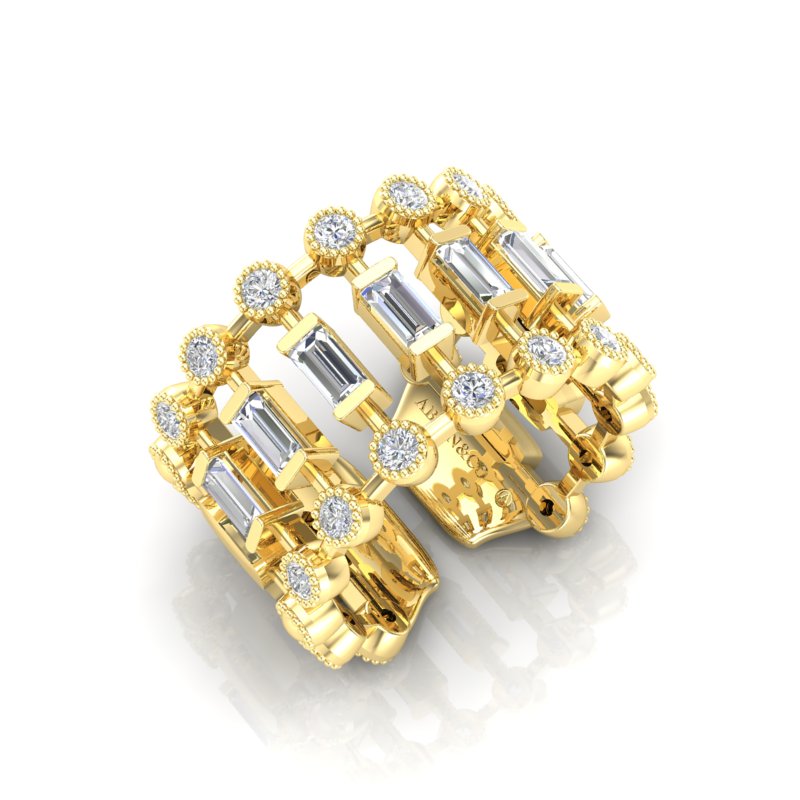 14K Gold Bezel Baguette Diamond Open Lace Ring