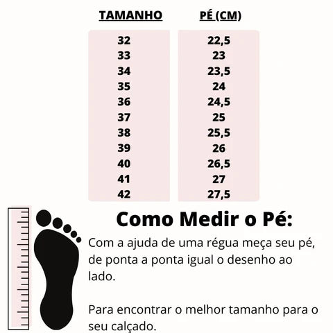 Tabela de medidas dos calçados