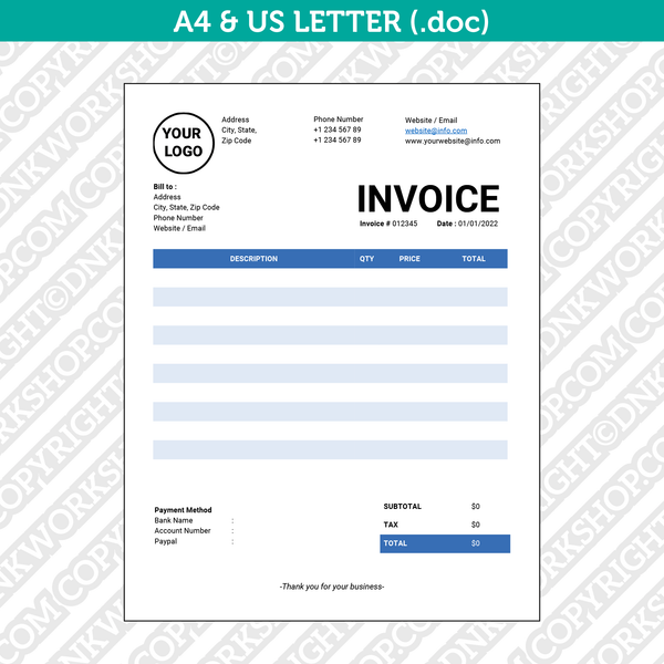 editable invoice template word printable bill receipt a4 us lett dnkworkshop