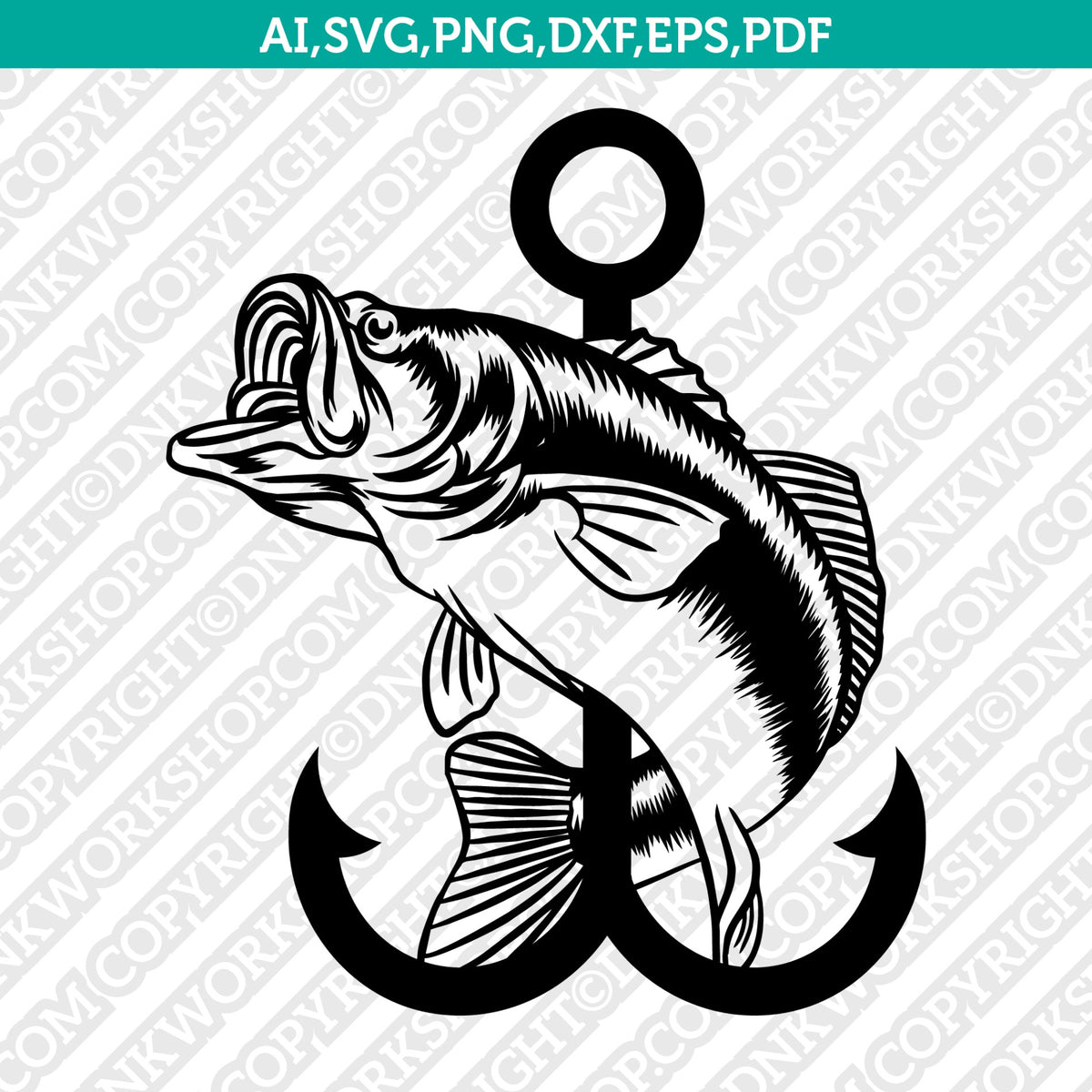 Jumping Bass Fish and Hook Fishing SVG Cut File Vector Cricut Clipart ...