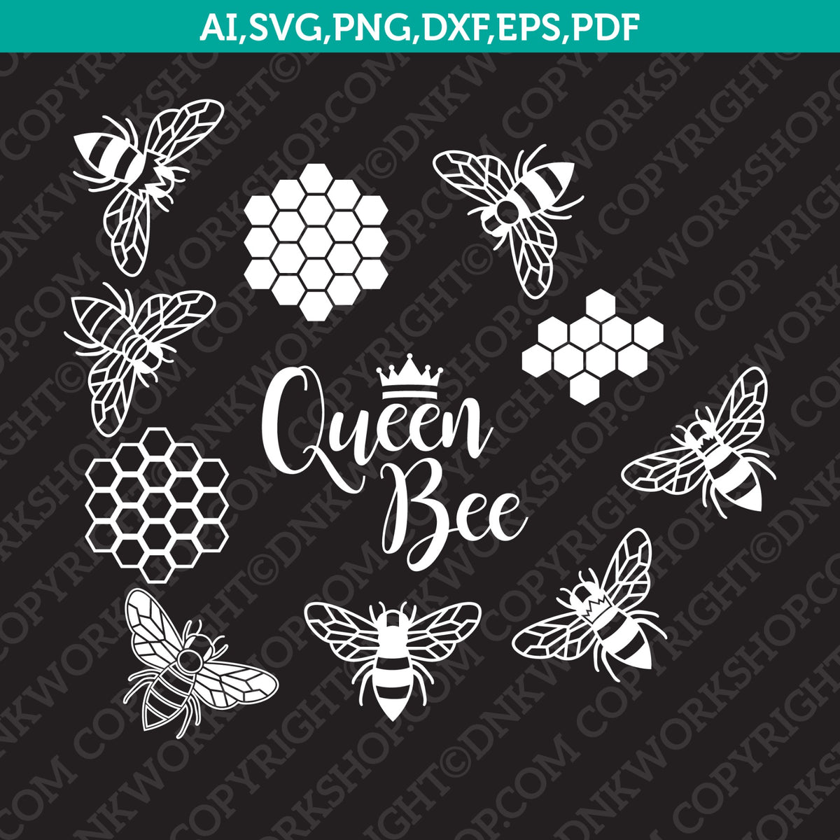 Queen Bee SVG Vector Silhouette Cameo Cricut Cut File Clipart Png Eps