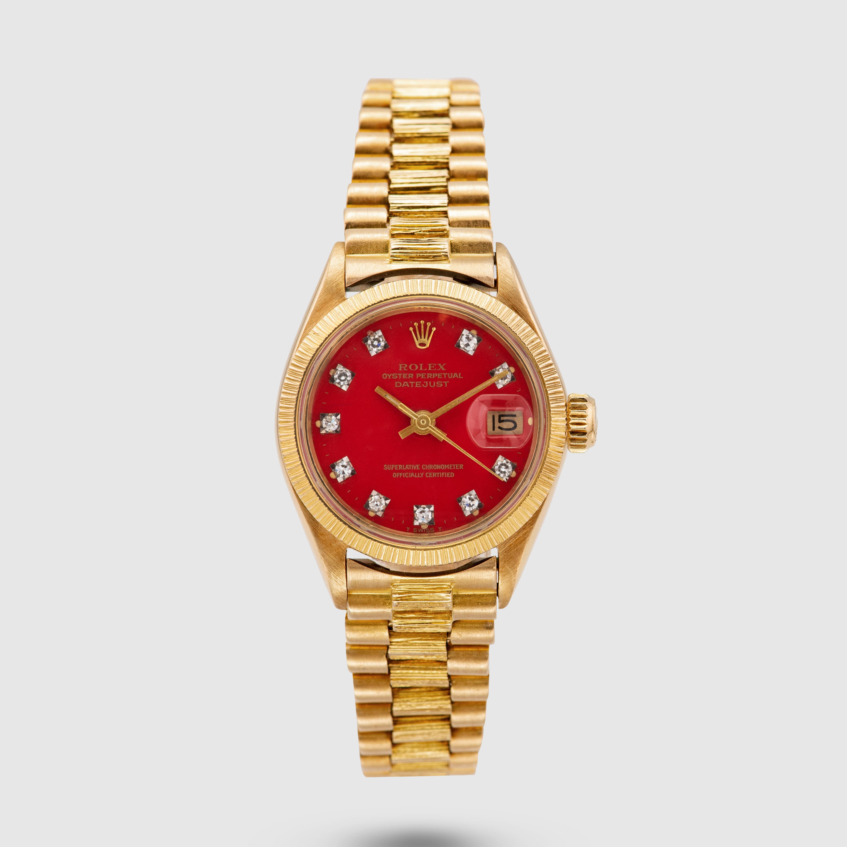 image of 1973 Rolex Lady Datejust Bark Red Stella Diamond Dial Ref. 6927 (Full Set)