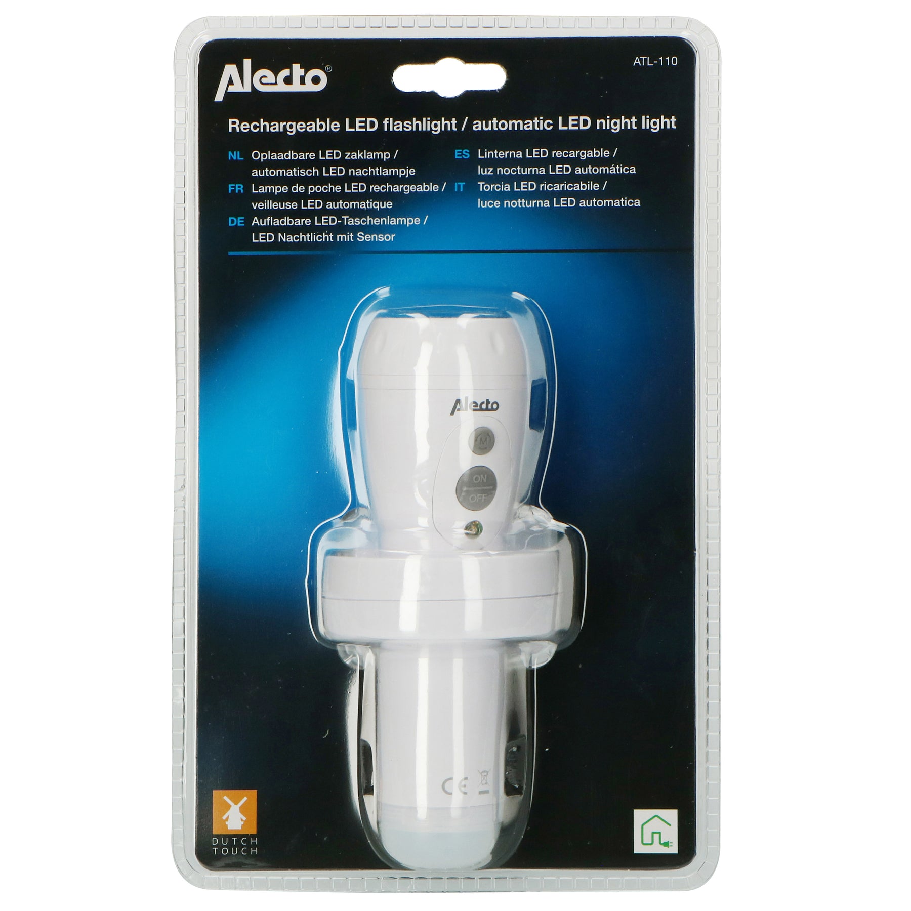 Afleiden verjaardag musicus Alecto ATL-110 - Oplaadbare LED zaklamp / automatisch LED nachtlampje, wit