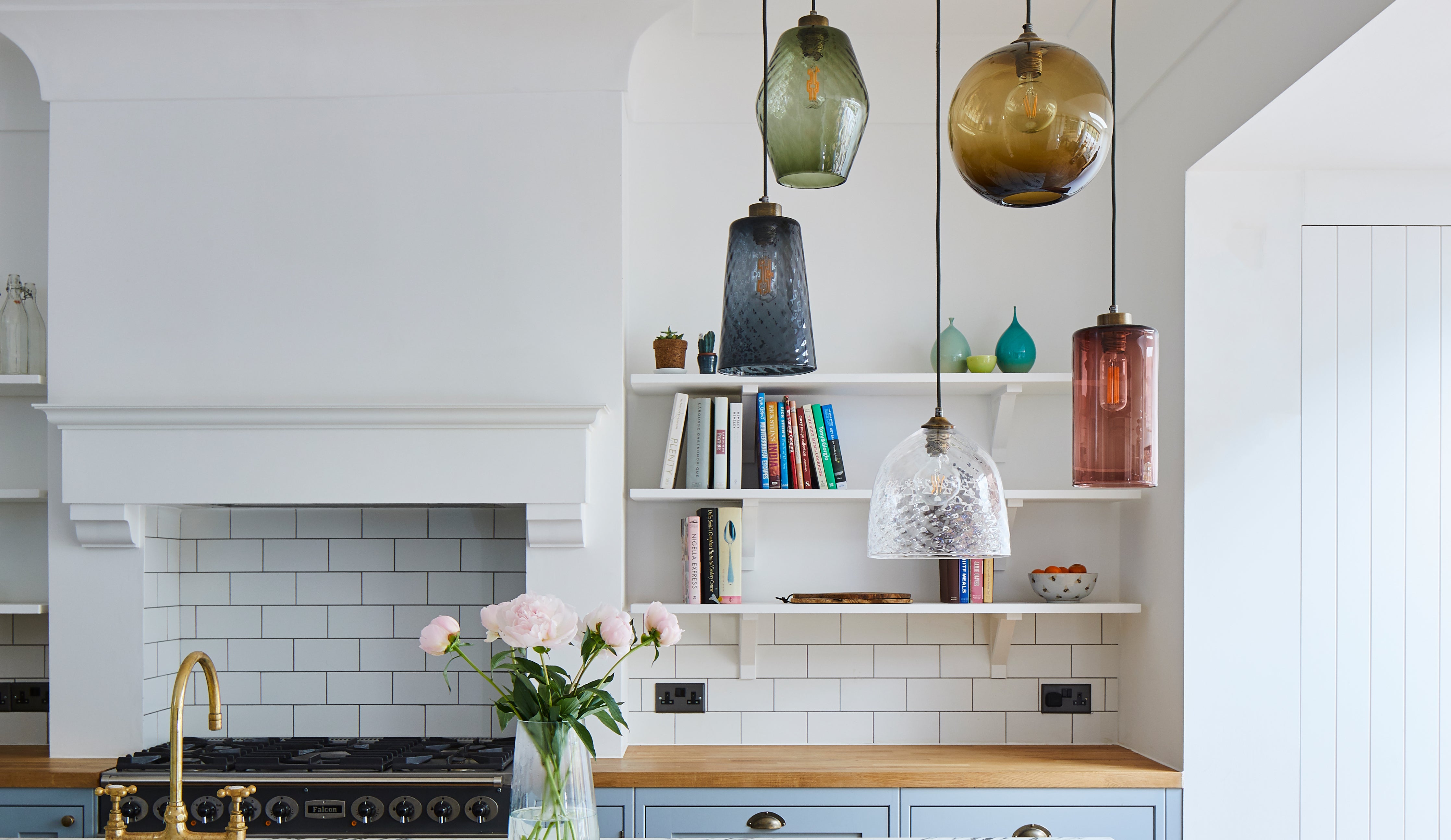 Pick-n-Mix Large Pendant glass lighting by Rothschild &amp; Bickers hanging over kitchen island 