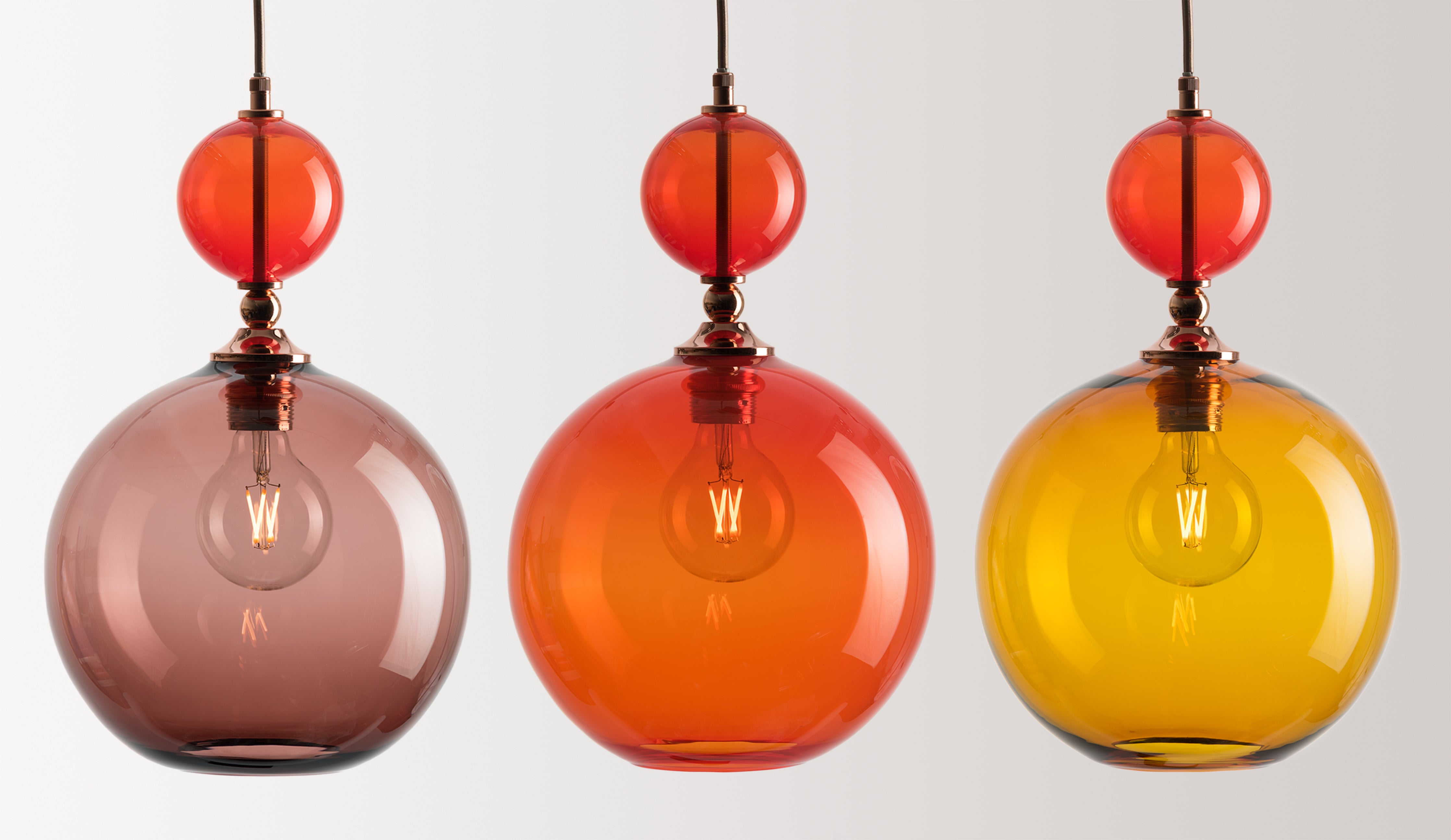 Pop Lights Large by Rothschild &amp; Bickers, glass in amber, tea and cherry, metalwork in polished copper