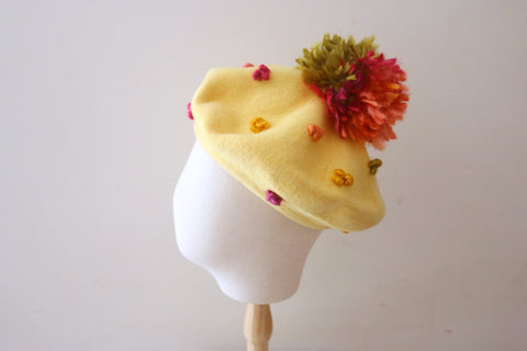 Grosgrain colourful wool knit beret in yellow
