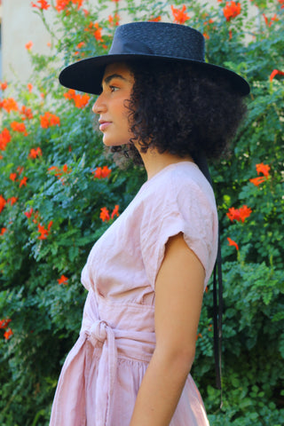 Amal Black Boater Hat with chin strap ribbon