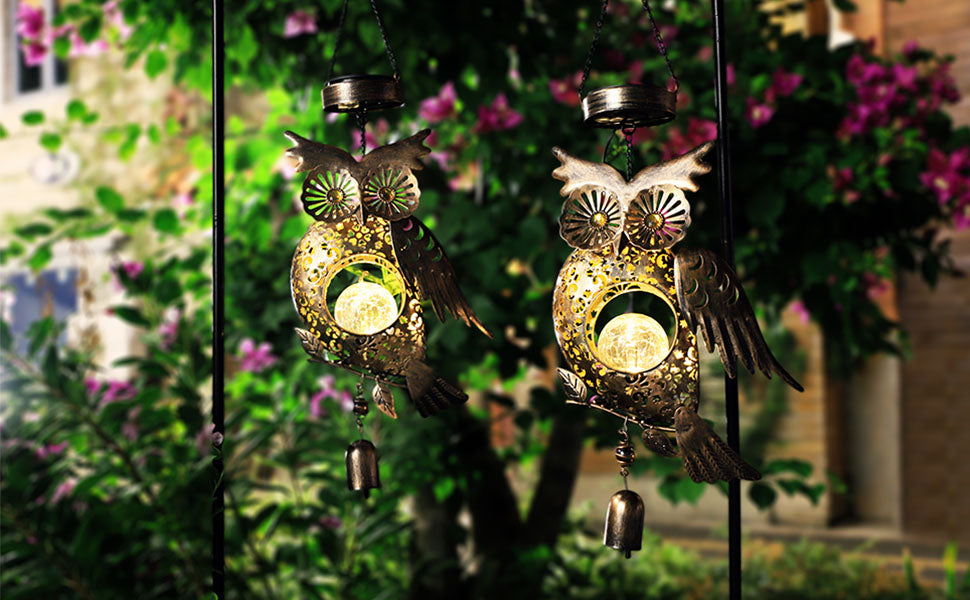 Take Me solar owl wind chimes create a beautiful outdoor setting and brighten your garden